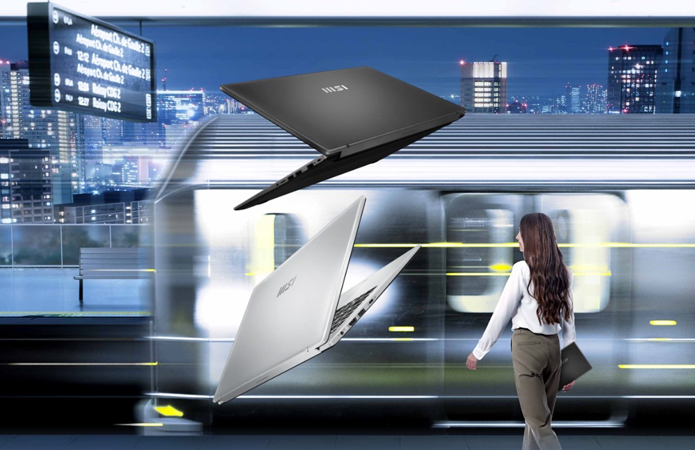 Laptop MSI Modern 15 F13MG-443PL Intel Core i5-1334U 15.6” FHD 16GB/512GB srebrny dwa laptopy pod skosem na tle kobiety wsiadającej do metra